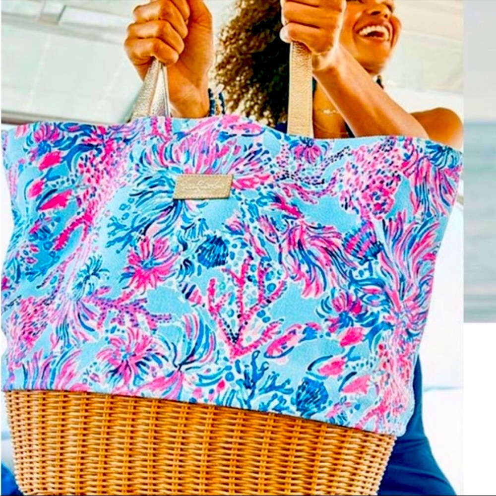 NWT Lilly Pulitzer Wicker & Canvas Tote